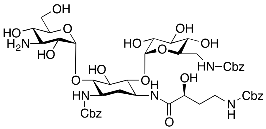 O-3-Amino-3-deoxy-α-D-glucopyranosyl-(1→6)-O-[6-deoxy-6-[[(phenylmethoxy)carbonyl]amino]-α-D-glucopyranosyl-(1→4)]-2-deoxy-N1-[(2S)-2-hydroxy-1-oxo-4-[[(phenylmethoxy)carbonyl]amino]butyl]-N3-[(phenylmethoxy)carbonyl]-D-Streptamine